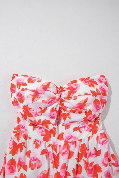 Pink Floral Print Twisted Bandeau Keyhole Pleated Wide Leg Jumpsuit